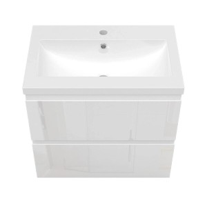 Weißer Waschtisch 60cm mit Keramik Waschbecken und Hochglanz Unterschrank, zwei Schubladen.