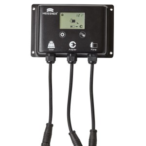 Heissner Hybrid Solar-Teichpumpen-Set Steuerung mit Display und Kabelanschlüssen.