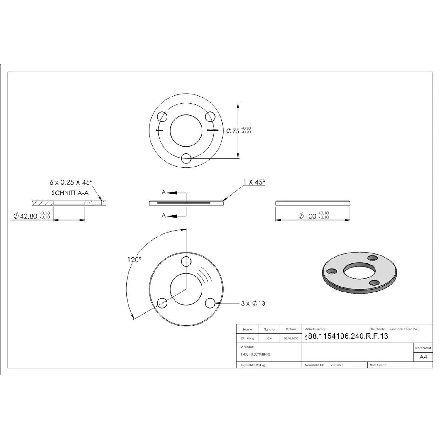 FeNau Ankerplatte Ø 100 X 6mm Mit Rundschliff Und Fase V2A