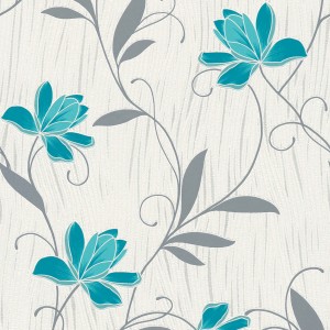 Tadessi Papiertapete mit blau-grauen Blumenmuster Florentin auf hellem Grund.