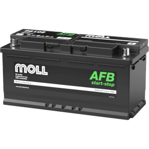 Schwarze MOLL AFB Start-Stop Starterbatterie 12V 106Ah 950A. Hochleistungs-Autobatterie Made in Germany.