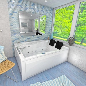 Weiße AquaVapore Whirlpool Badewanne 180x135cm mit Armaturen und Massagedüsen im Badezimmer.
