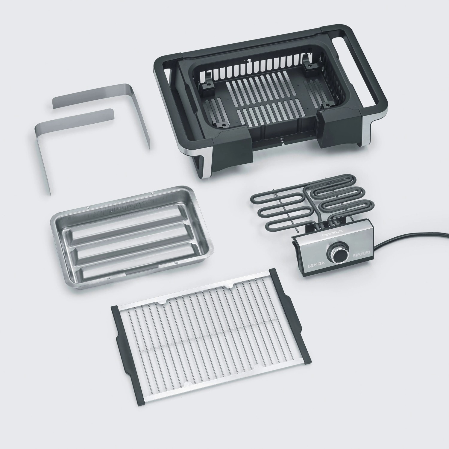 Severin PG 8114 SENOA DigitalBOOST Elektrogrill, Einzelteile: Grillrost, Heizelement, Auffangschale, Gestell.
