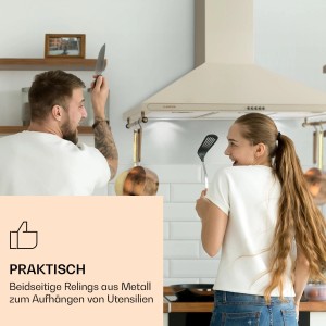 Klarstein Victoria 90 Retro-Dunstabzugshaube in Creme mit praktischen Metallrelingen für Utensilien in moderner Küche.