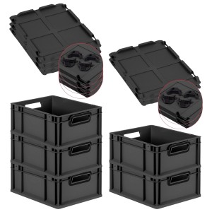 PROREGAL SparSet 5x Eurobox Nextgen Color Mit Auflagedeckel HxBxT 17x30x40cm 16 Liter Schwarz Griffe Schwarz Offen Eurobehälter Transportbox