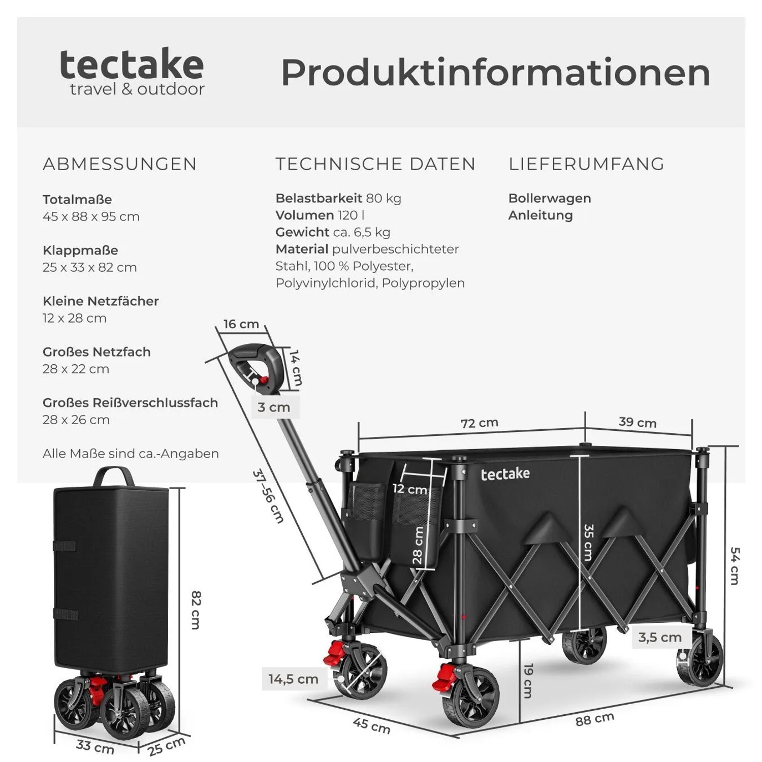 Faltbarer, schwarzer Bollerwagen von Tectake mit Kunststoffrädern für Camping & Freizeit.