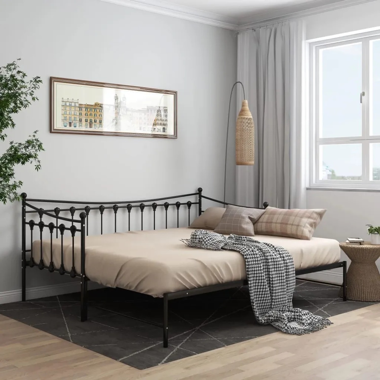 Schwarzes vidaXL Ausziehsofa Bettgestell aus Metall, 90x200 cm, mit Lattenrost und Textilien.