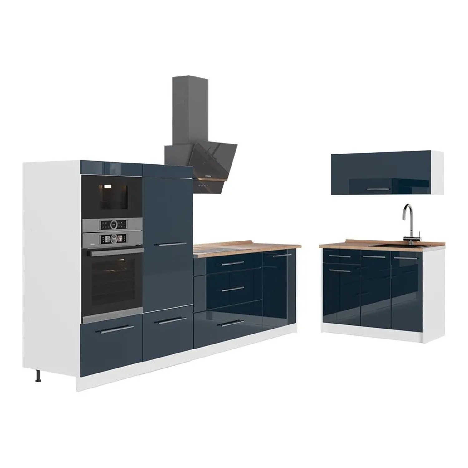 Vicco Küchenzeile Fame-Line Dunkelblau Hochglanz/Weiß 380 x 154 AP Eiche Art Nr 64134