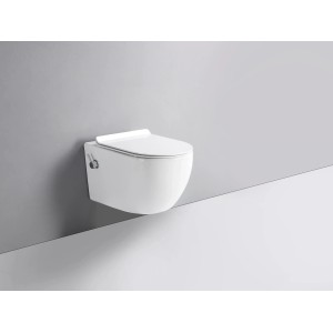 Wandhängendes Dusch-WC von Glasdeals, spülrandlos mit Taharet-Funktion, inkl. Armatur und SoftClose Sitz.