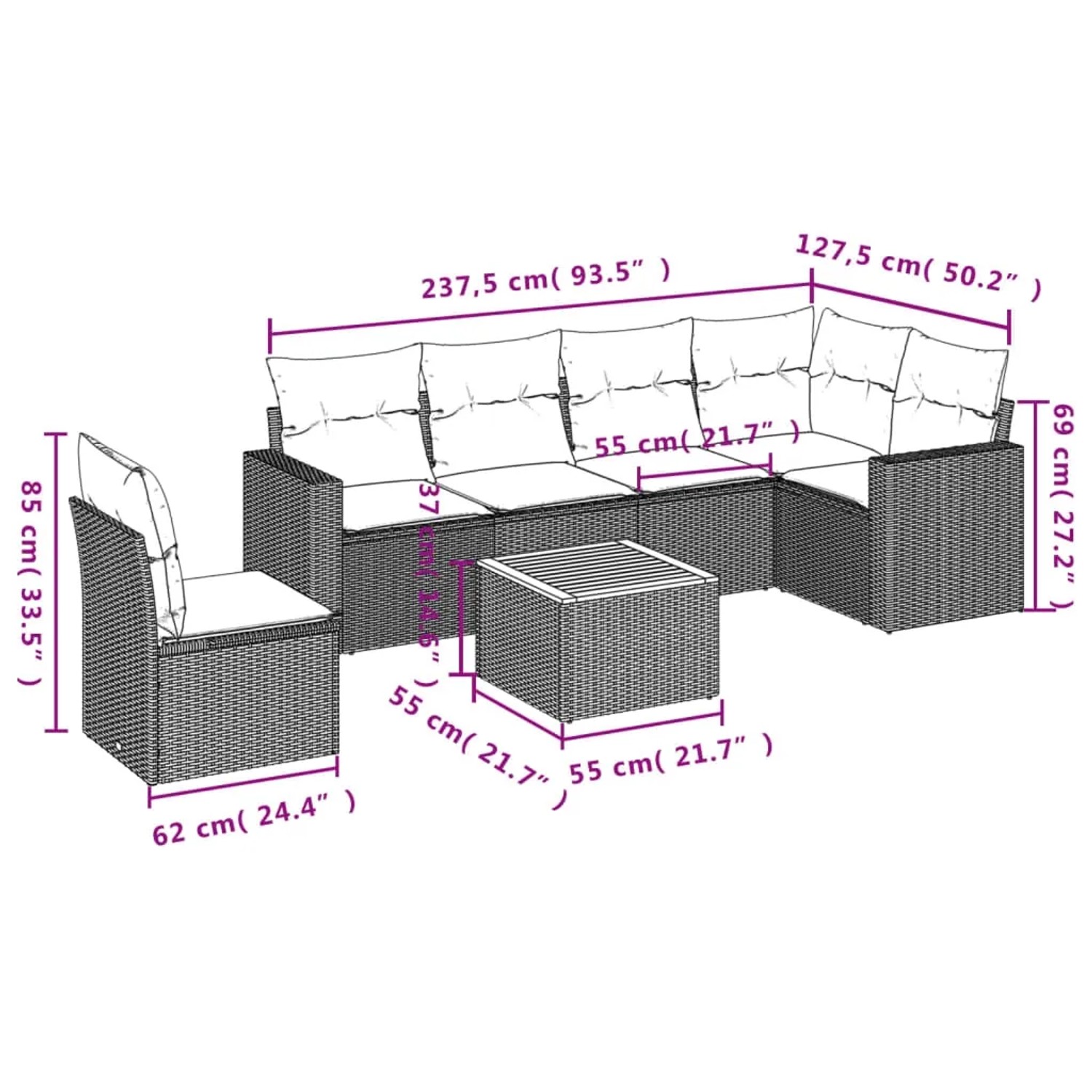 Graue 7-tlg. vidaXL Garten-Sofagarnitur aus Polyrattan mit Kissen. Gartenmöbel für Terrasse und Garten.