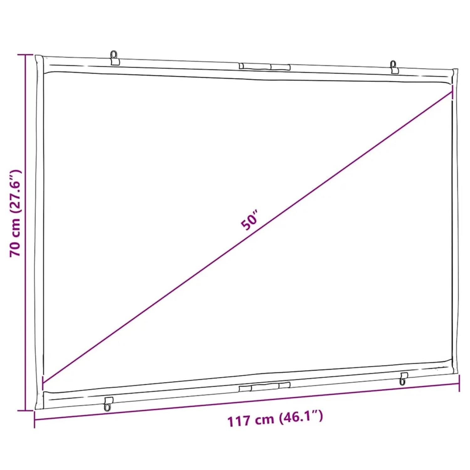 Diagramm der vidaXL Wand-Projektionsleinwand, 50 Zoll (16:9), Maße 117x70 cm. Mattweißes Polyester.