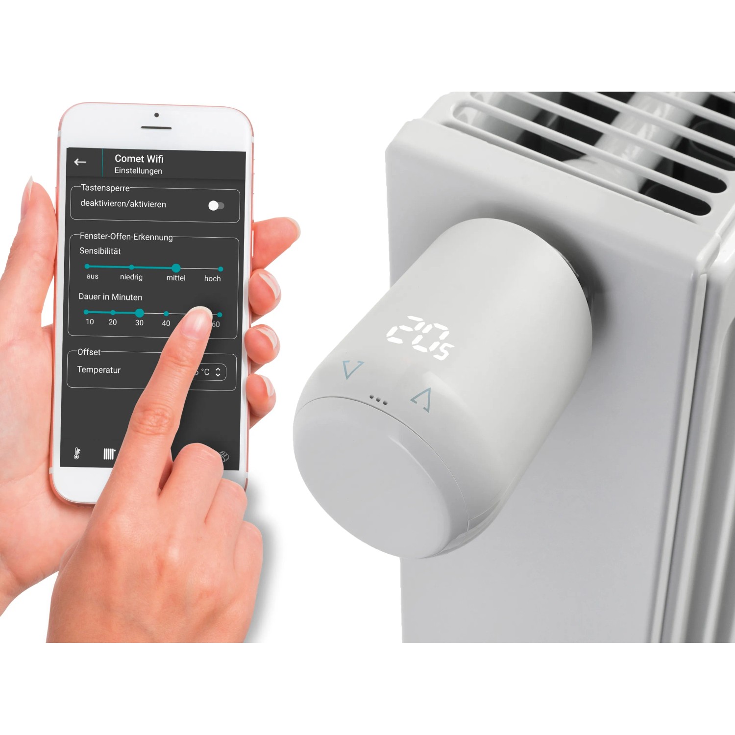 Comet WiFi Heizkörperthermostat am Heizkörper, Steuerung per Smartphone App.