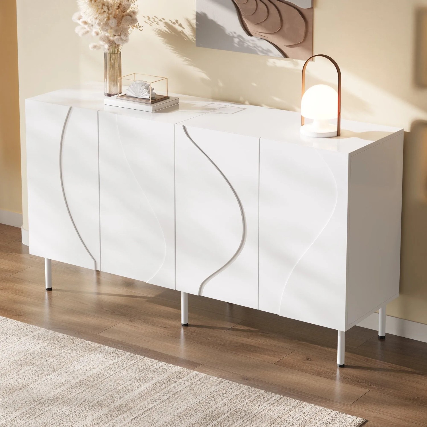 Weißes Merax Sideboard mit 3D geschwungenen, grifflosen Türen und stabilen Metallfüßen. Moderner Wohnzimmerschrank.
