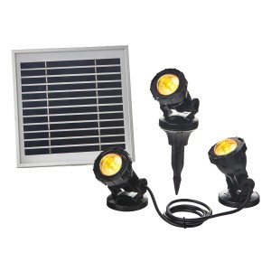 Heissner Solar Teichbeleuchtung Set mit 3 Spots und Solarpanel für Garten und Teich.