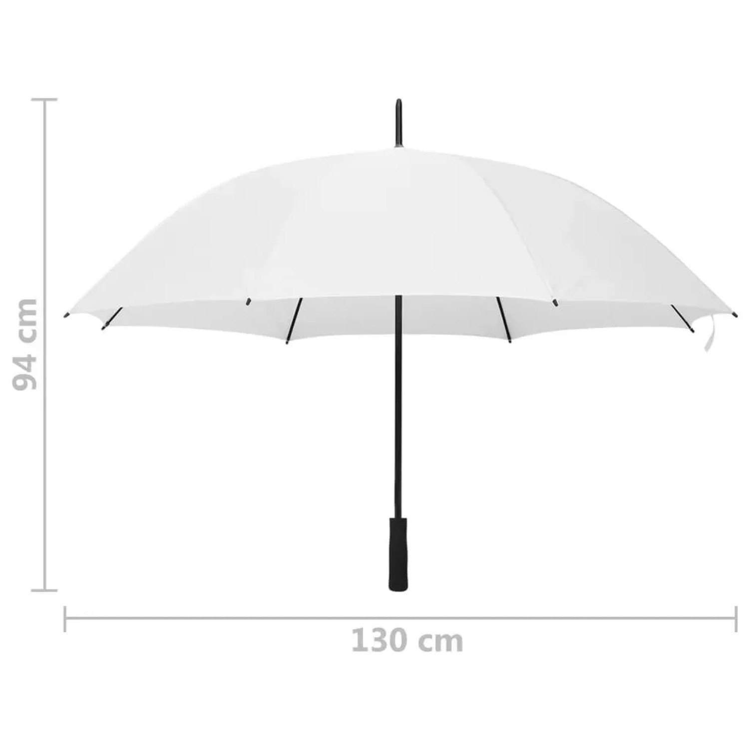Weißer vidaXL Regenschirm, geöffnet, 130 cm Durchmesser, 94 cm lang, schwarzer Griff, Metallgestell.