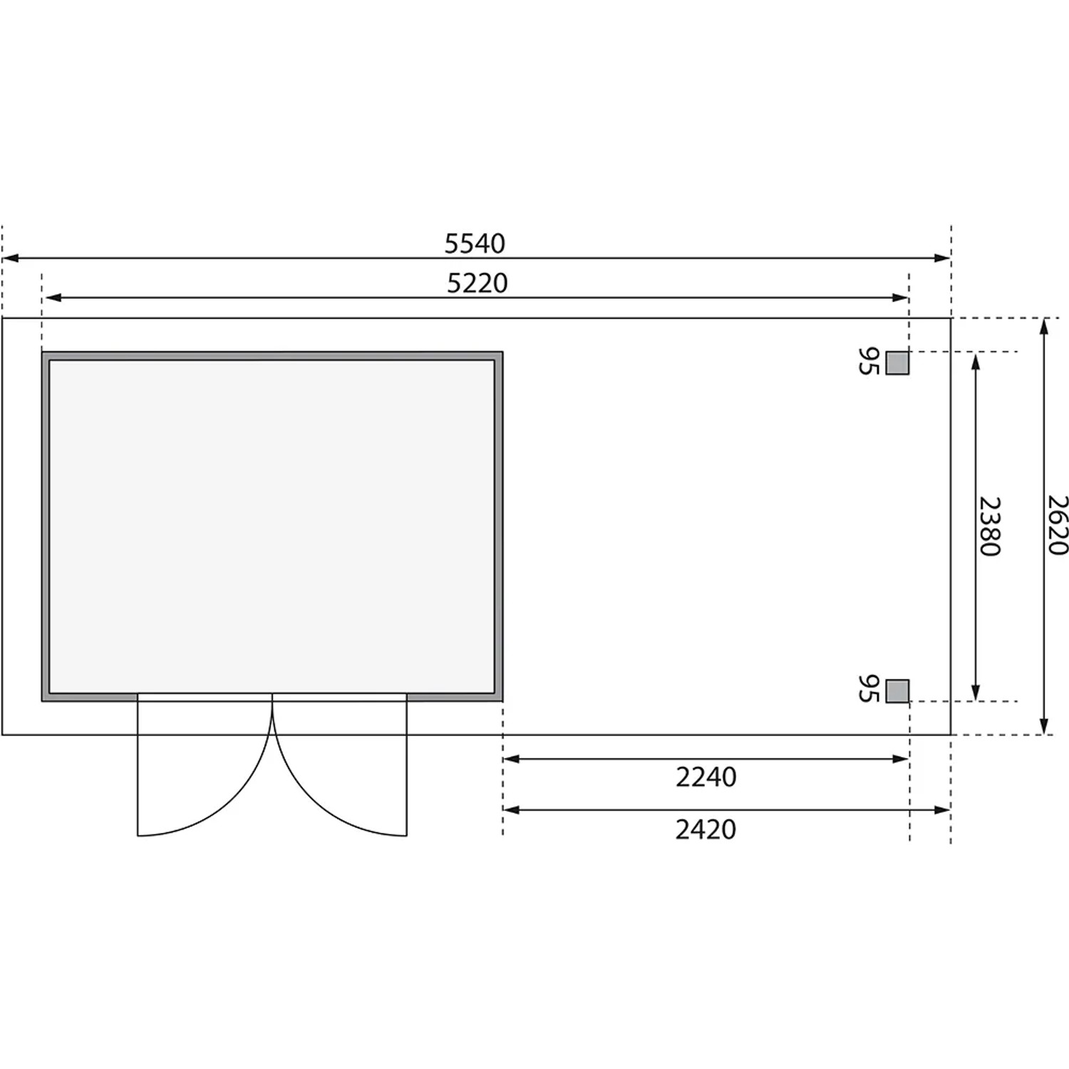 Grundriss Karibu Holz-Gartenhaus Boras Natur, Maße: 298x242 cm, Flachdach