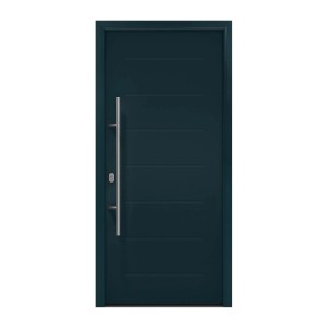 EcoStar Haustür Isopro IP 015 in Anthrazitgrau mit Edelstahlgriff und horizontalen Sicken.