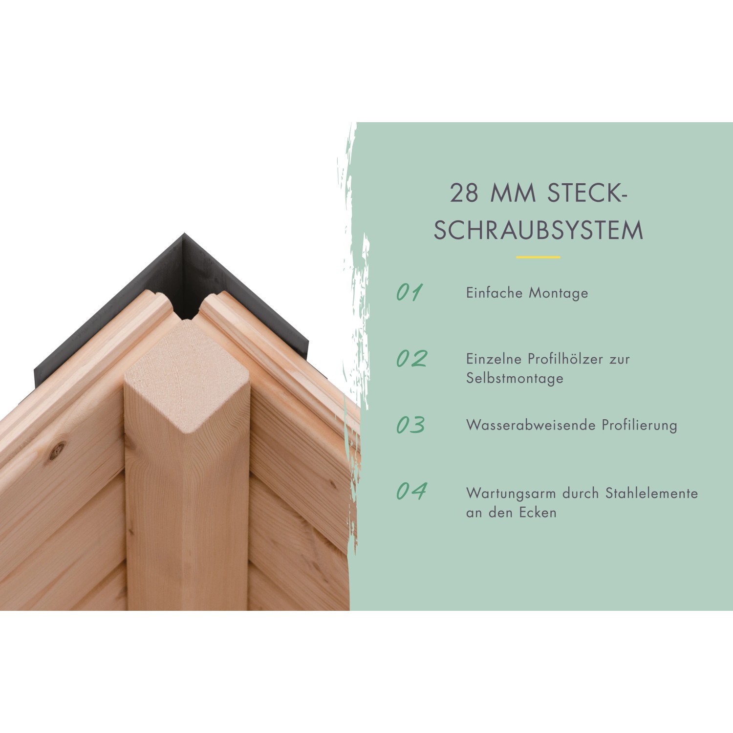 Detailaufnahme Karibu Gartenhaus Domingo: Ecke mit Steck-Schraubsystem und Stahlelementen.