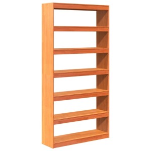 Wachsbraunes Bücherregal aus massivem Kiefernholz mit 6 Fächern, auch als Raumteiler nutzbar. Modernes Regal.