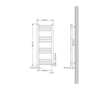 Technische Zeichnung: LuxeBath Badheizkörper, 300x800 mm, weiße Ausführung mit Maßangaben.