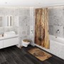 Sanilo Waschbeckenstöpsel Rustikal im Badezimmer mit Holzmuster Duschvorhang und Badematte.