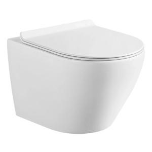 Weißes spülrandloses Wand-WC mit SoftClose Sitz. Modernes Design aus Sanitärkeramik für Ihr Bad.