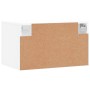 Weißer Wandschrank aus Holzwerkstoff, Rückansicht mit Montagehalterungen. Ideal für Wohnzimmer.