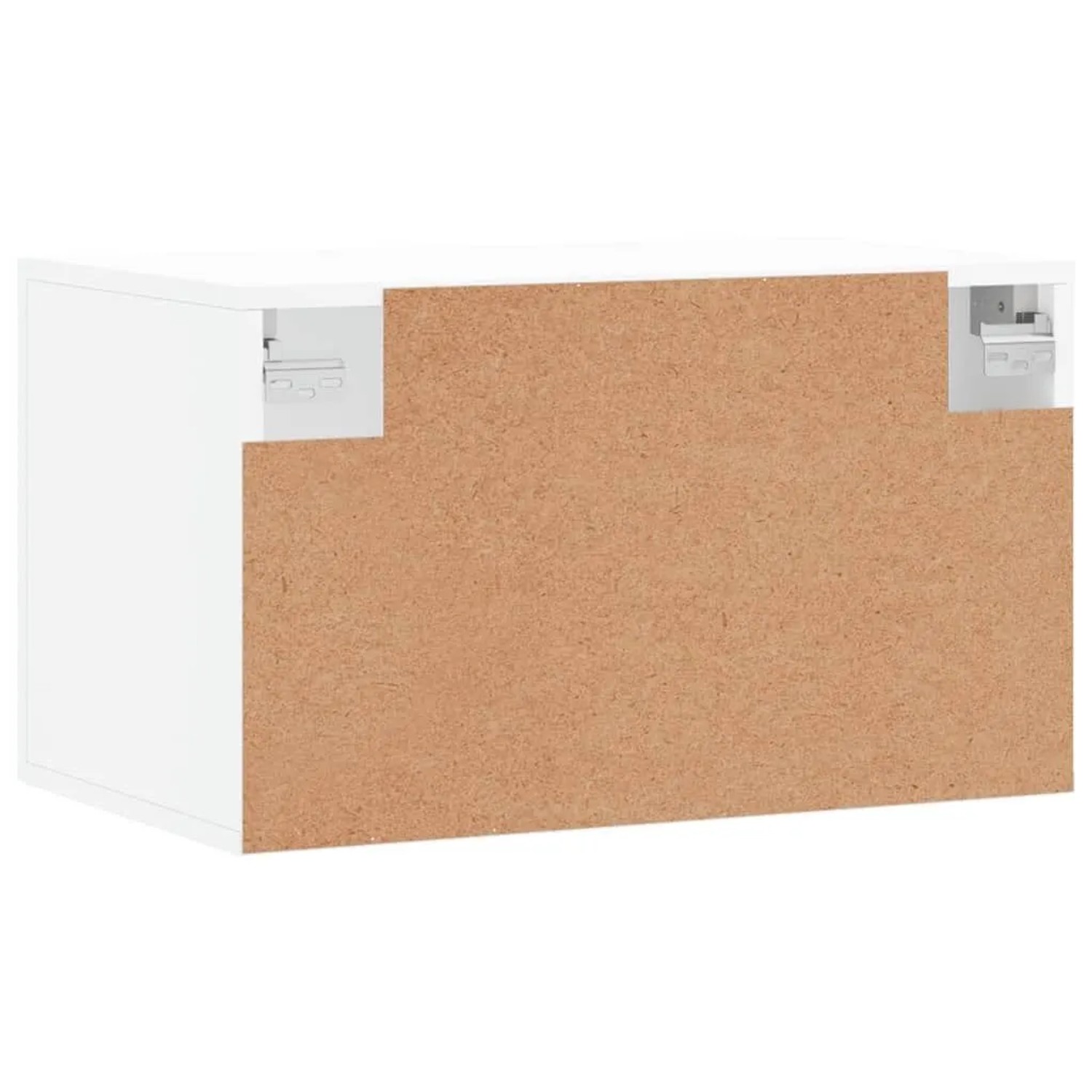 Weißer Wandschrank aus Holzwerkstoff, Rückansicht mit Montagehalterungen. Ideal für Wohnzimmer.