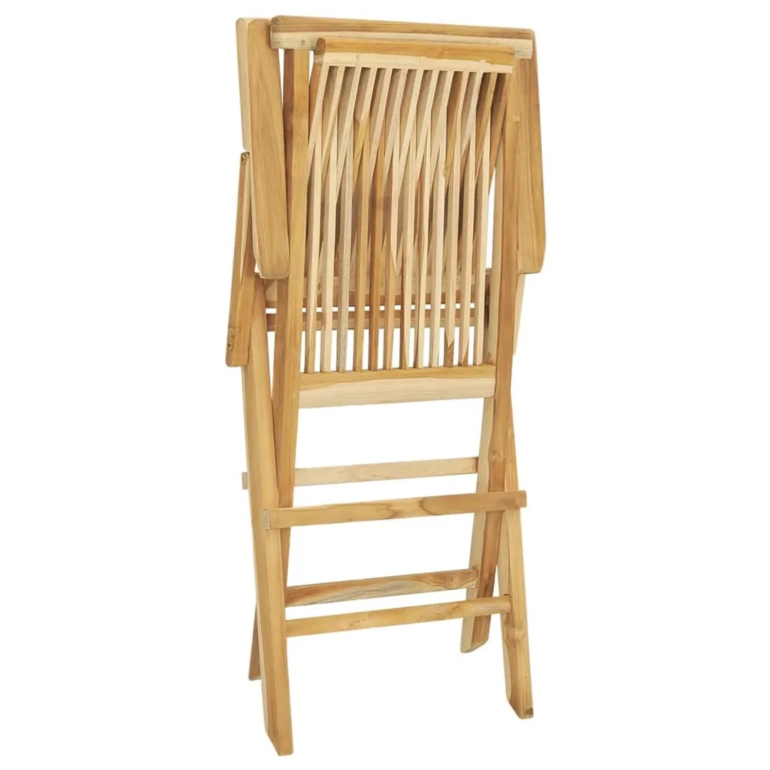 Zusammengeklappter Gartenstuhl aus Teakholz, Teil der 5-tlg. vidaXL Essgruppe.