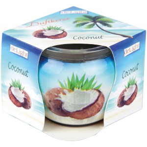 HS Candle Duftkerze Coconut im Glas mit Kokosnuss-Motiv und tropischem Design.