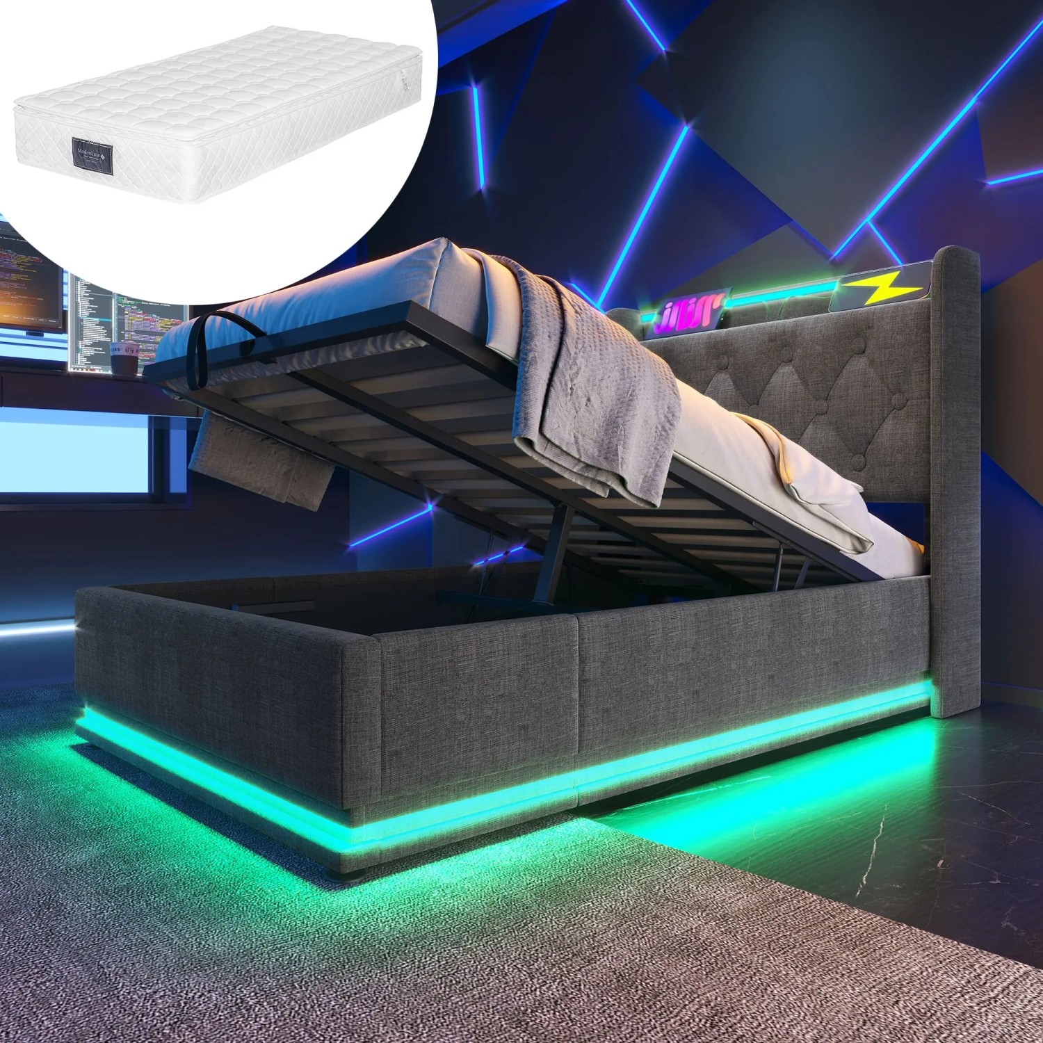 Merax Polsterbett 90x200cm LED USB-C Hydraulik Grau