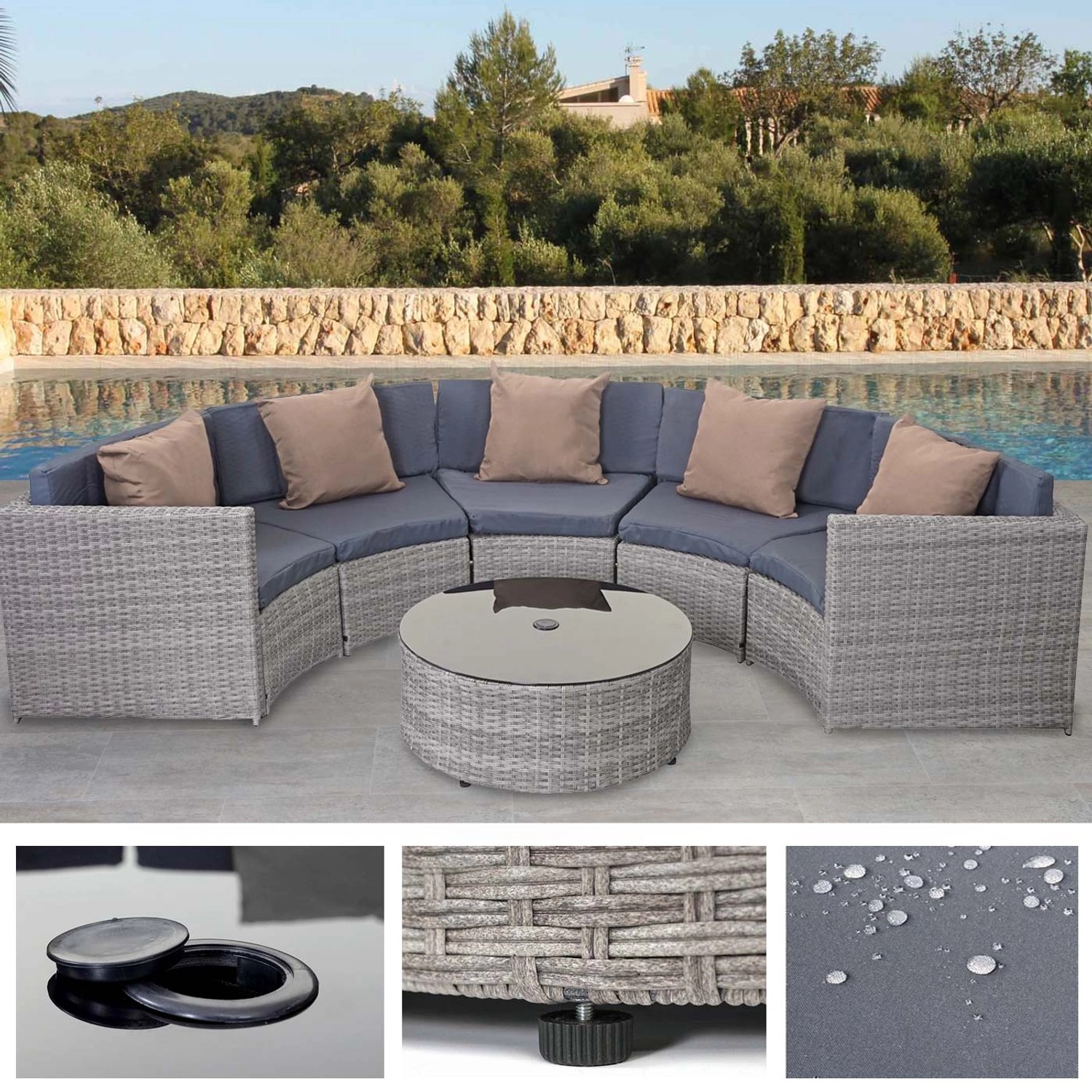 Graue Poly-Rattan Lounge-Garnitur mit Polstern und Kissen vor Pool. Gartenmöbel Set mit Tisch.