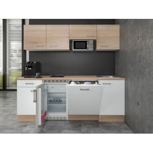 Flex-Well Classic Büroküche Florida, 210 cm, Weiß und Sonoma Eiche mit E-Geräten.