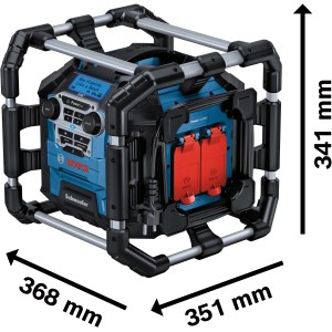 Bosch Professional Akku-Radio GPB 18V-5 SC Solo mit Überrollkäfig und Subwoofer.