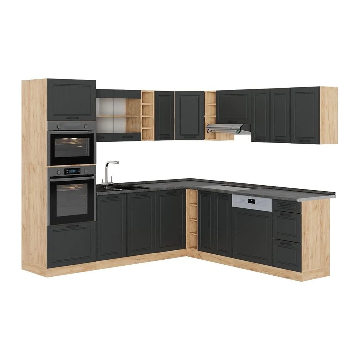 Vicco Eckküche R-Line Anthrazit Landhaus/Goldkraft Eiche 247 x 82 ohne Arbeitsplatte