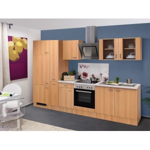 Flex-Well Classic Küchenzeile Nano 300 cm in Buche Nachbildung mit E-Geräten und Spüle.