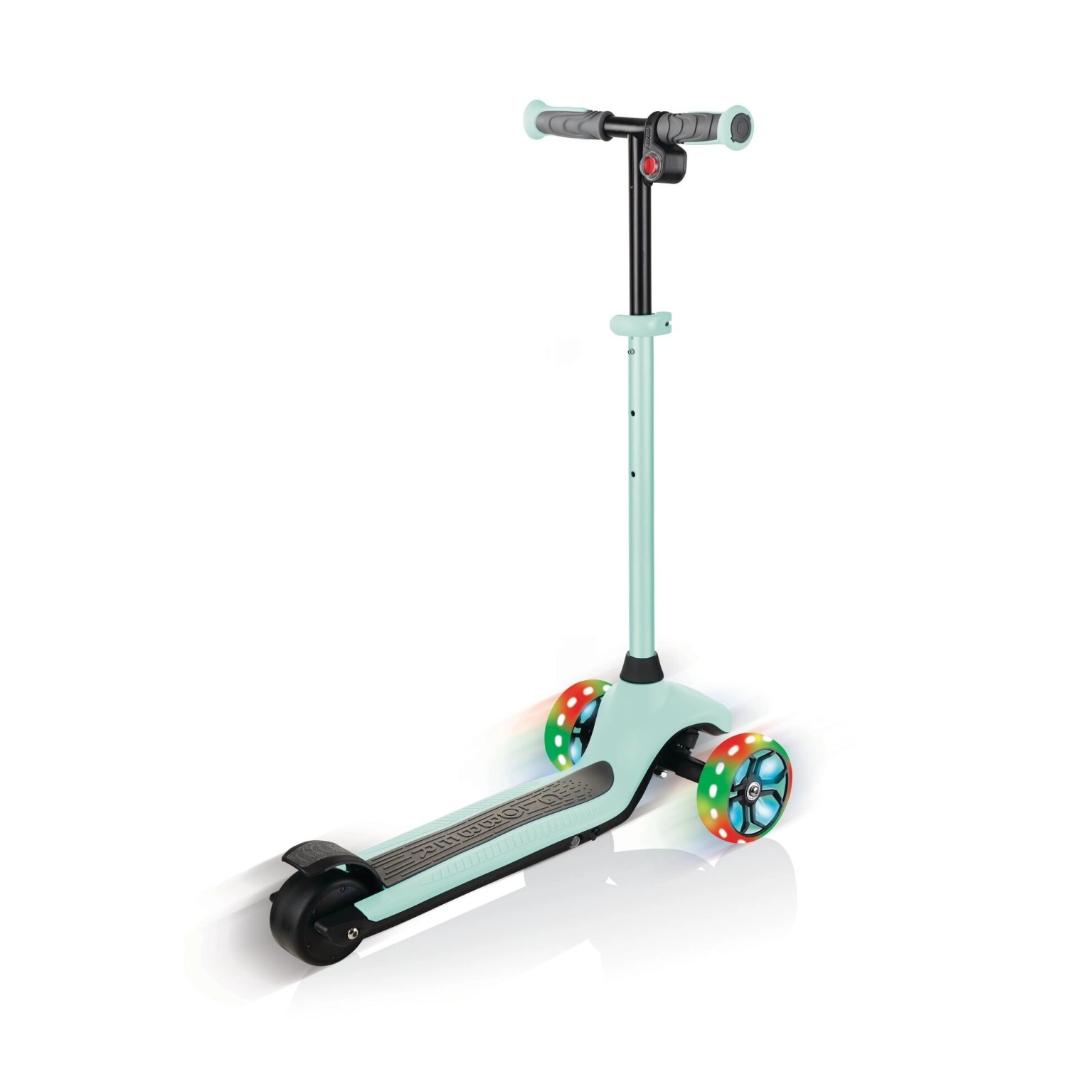 Globber One K E-Motion 4 Plus E-Scooter, mintgrün, mit leuchtenden LED-Rollen.
