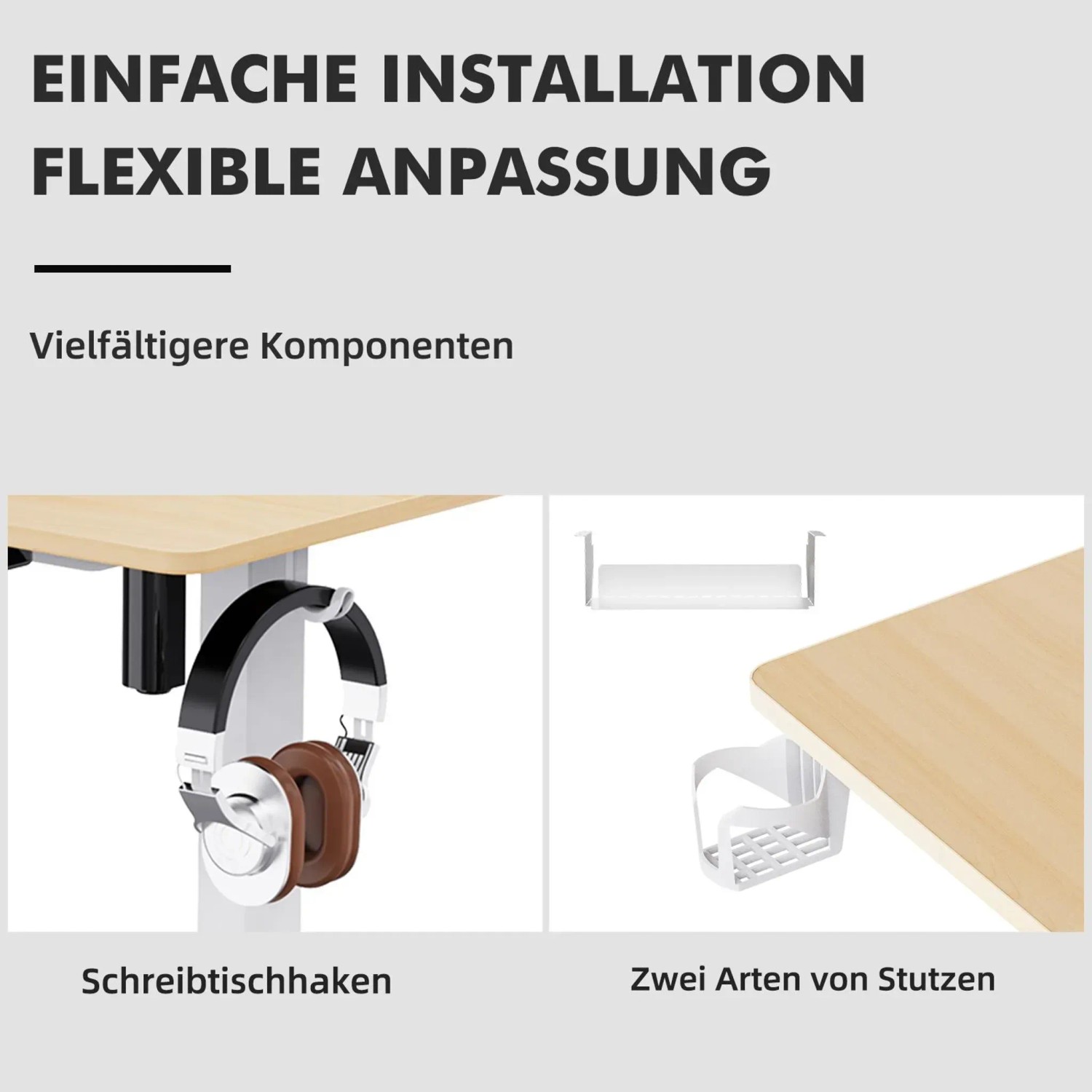 Details des höhenverstellbaren Schreibtischs: Haken für Kopfhörer, Kabelhalterung, Ablage unter der Tischplatte.