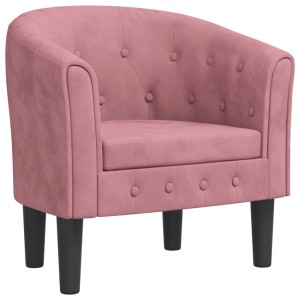 Rosa Samt Clubsessel mit Knopfheftung und schwarzen Beinen. Moderner Loungesessel für stilvolle Räume.