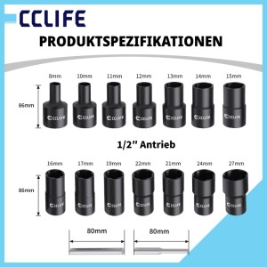 CCLIFE 16-tlg. Twist Socket Schraubenausdreher Set, 1/2 Zoll, Größen 8-27 mm, schwarzer Stahl für beschädigte Muttern.