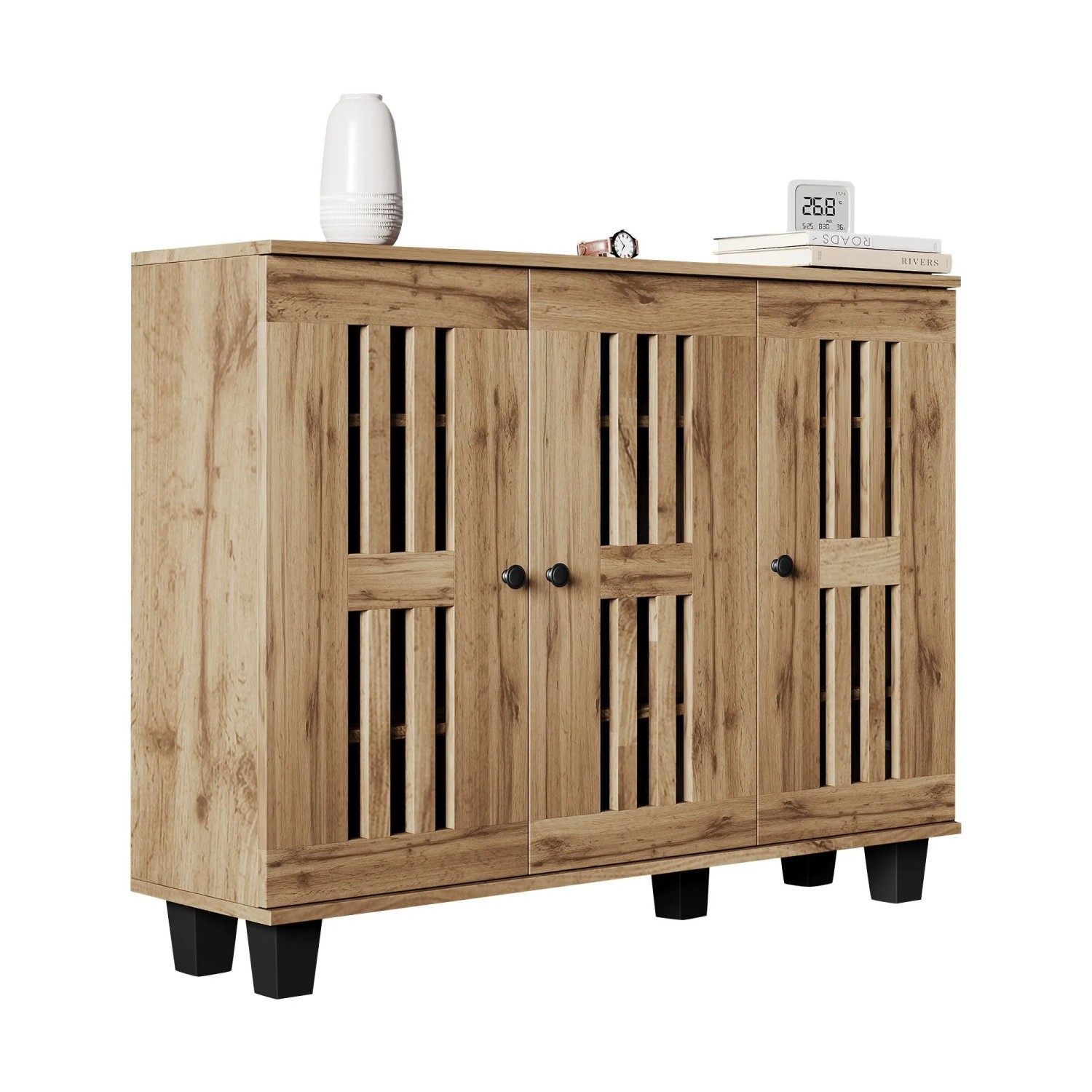 okwish Seitenschrank mit 3 Türen 8 Ablagefächern Wohnzimmer 120x92x32cm Natur