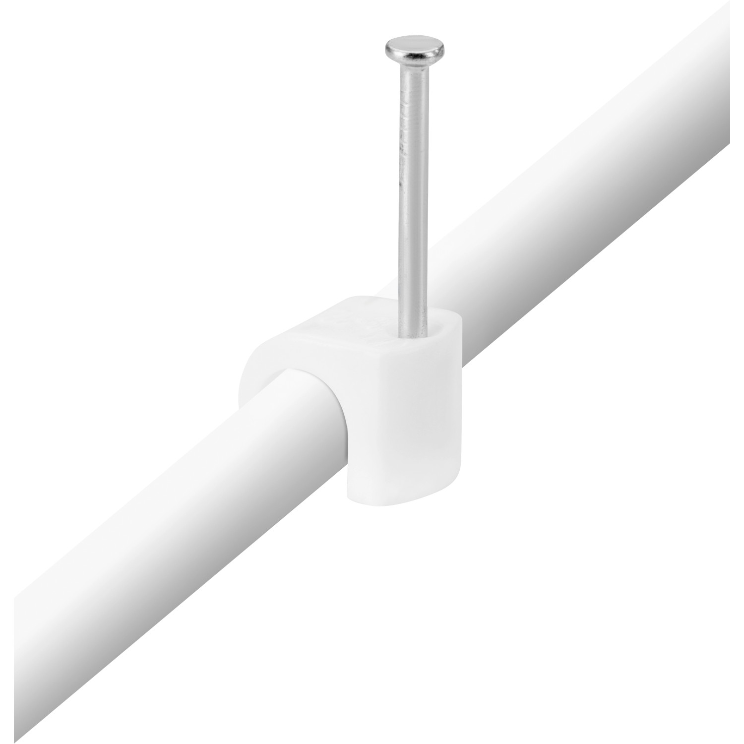 Weiße Nagelschelle (7-10 mm) mit Nagel zur Kabelbefestigung.