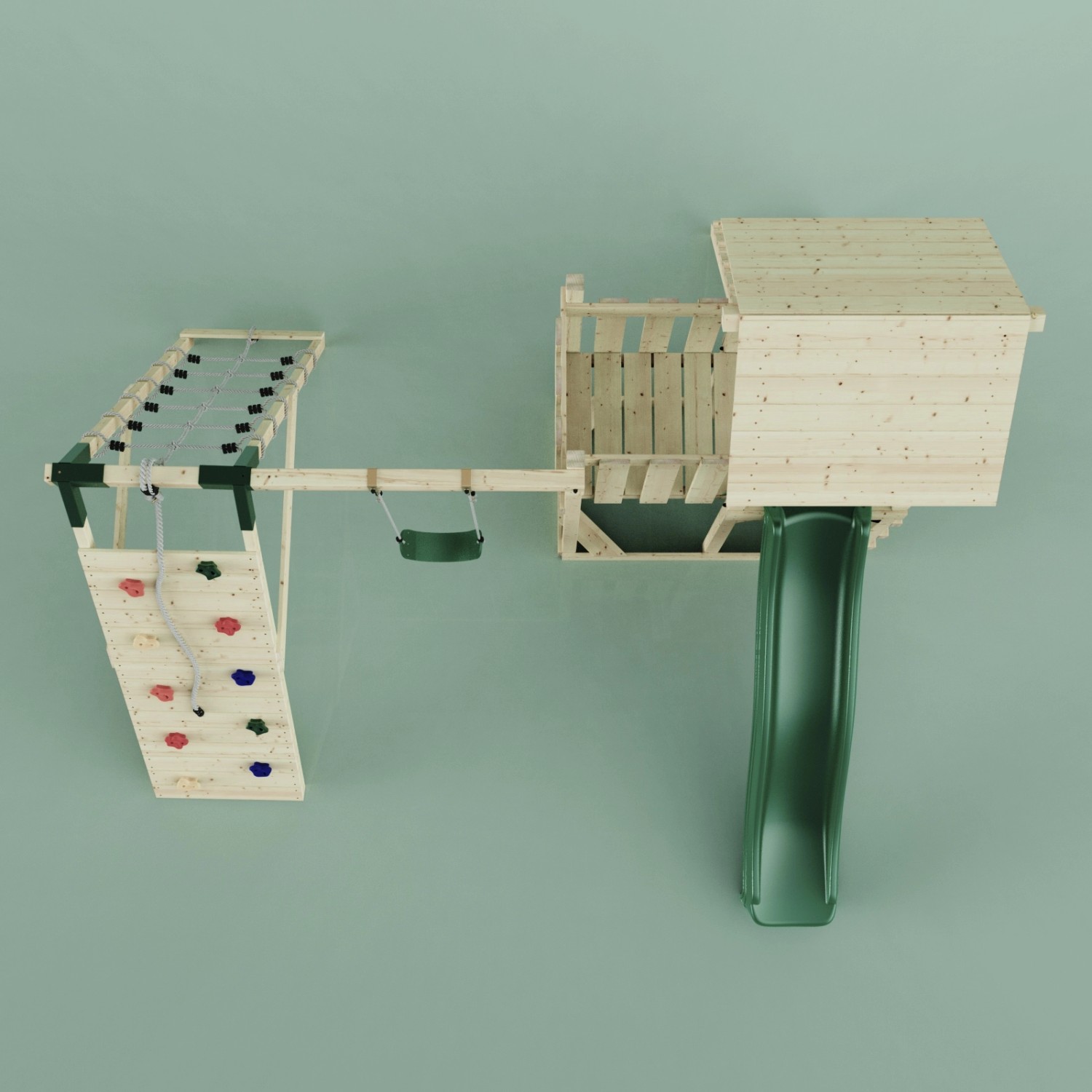 PolarPlay Spielturm Farö mit Schaukel, Kletterwand und grüner Rutsche.