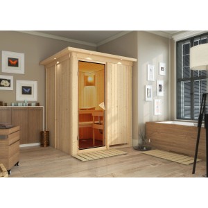 Karibu Sauna mit LED-Dachkranz in Natur, Fronteinstieg und Bronzeglastür. Inkl. Bänke und Ofenschutzgitter.