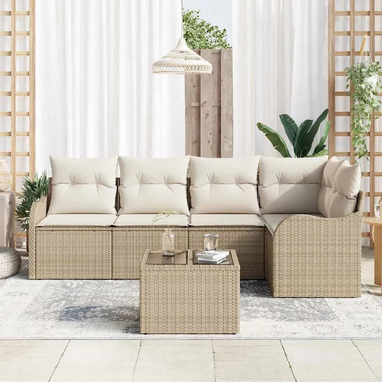 Beiges 6-tlg. vidaXL Garten-Sofa-Set aus Poly Rattan mit Kissen und Tisch.