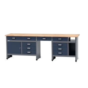 Küpper Werkbank mit 9 Schubladen, Tür, Sitzraum und Buchenplatte, dunkelblau.