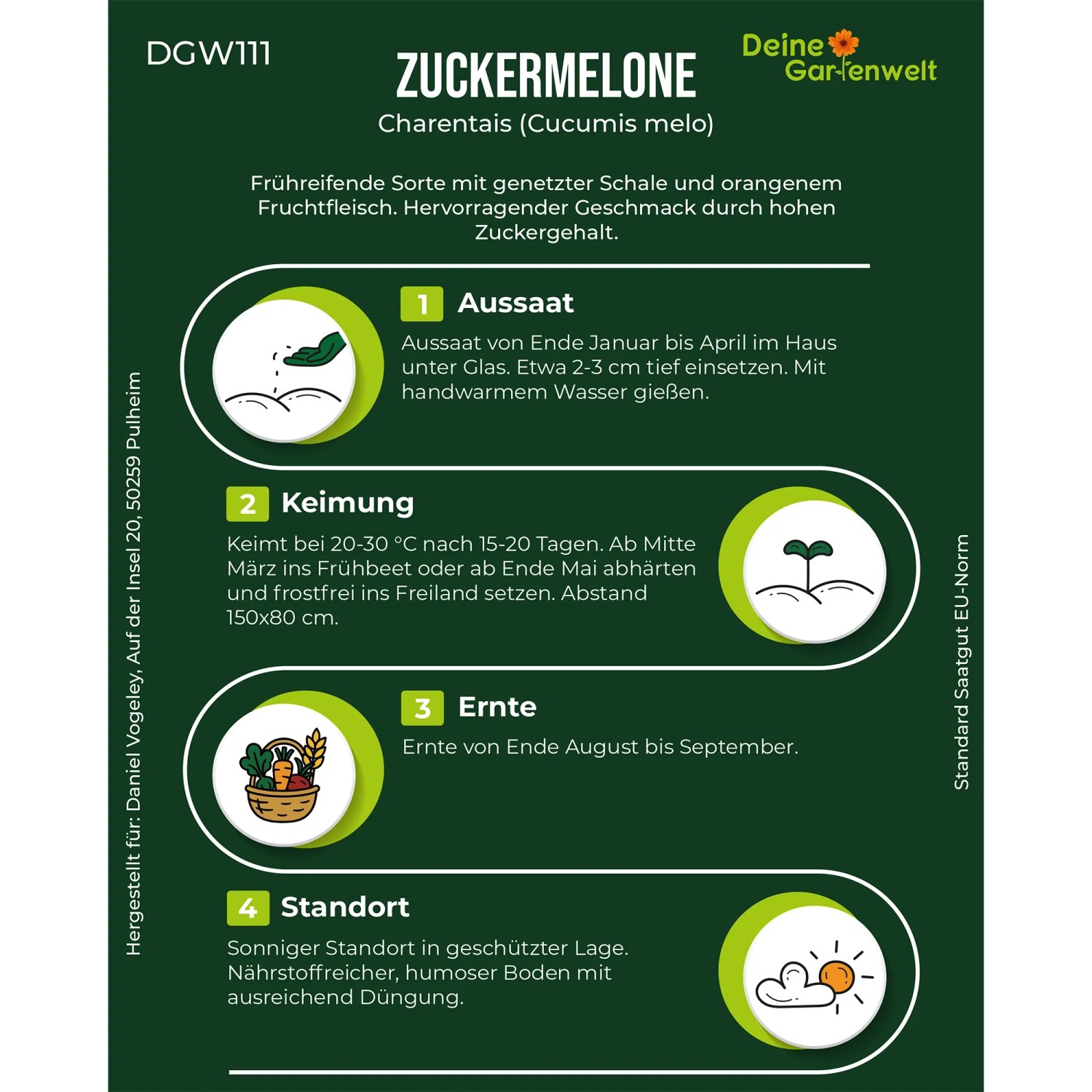 Grüne Infografik: Zuckermelone Charentais Samen Anbauanleitung mit Aussaat, Keimung, Ernte & Standort Icons.