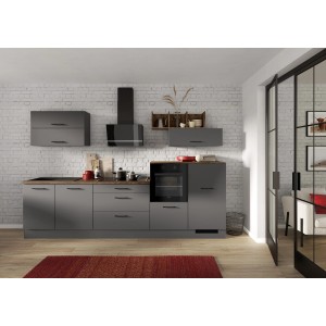 Moderne Küchenzeile IKZ1320LF in Grafit mit E-Geräten und Oregon Eiche Arbeitsplatte, 320 cm breit.