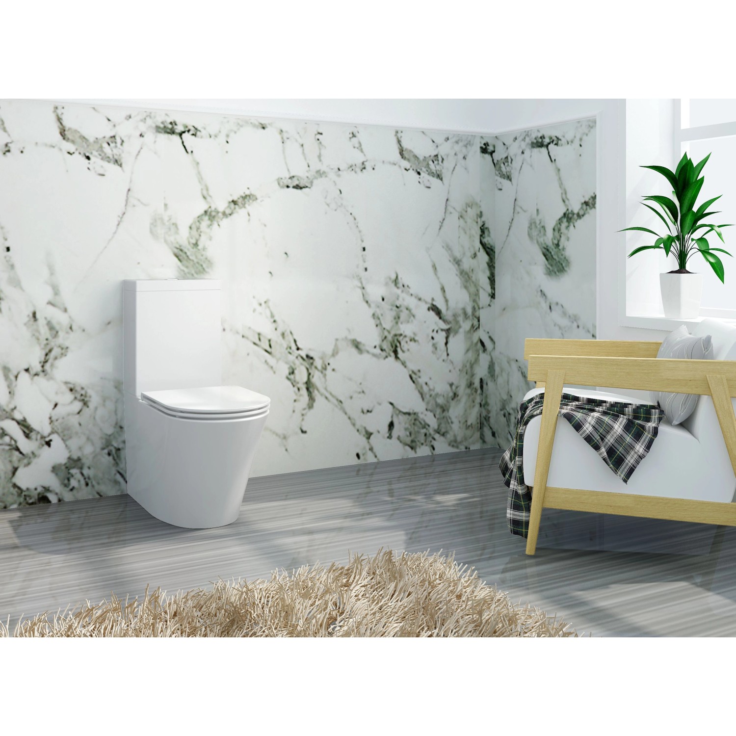 Glasdeals Stand-WC mit Spülkasten und SoftClose Sitz BTWS-6012 vor Marmorwand.