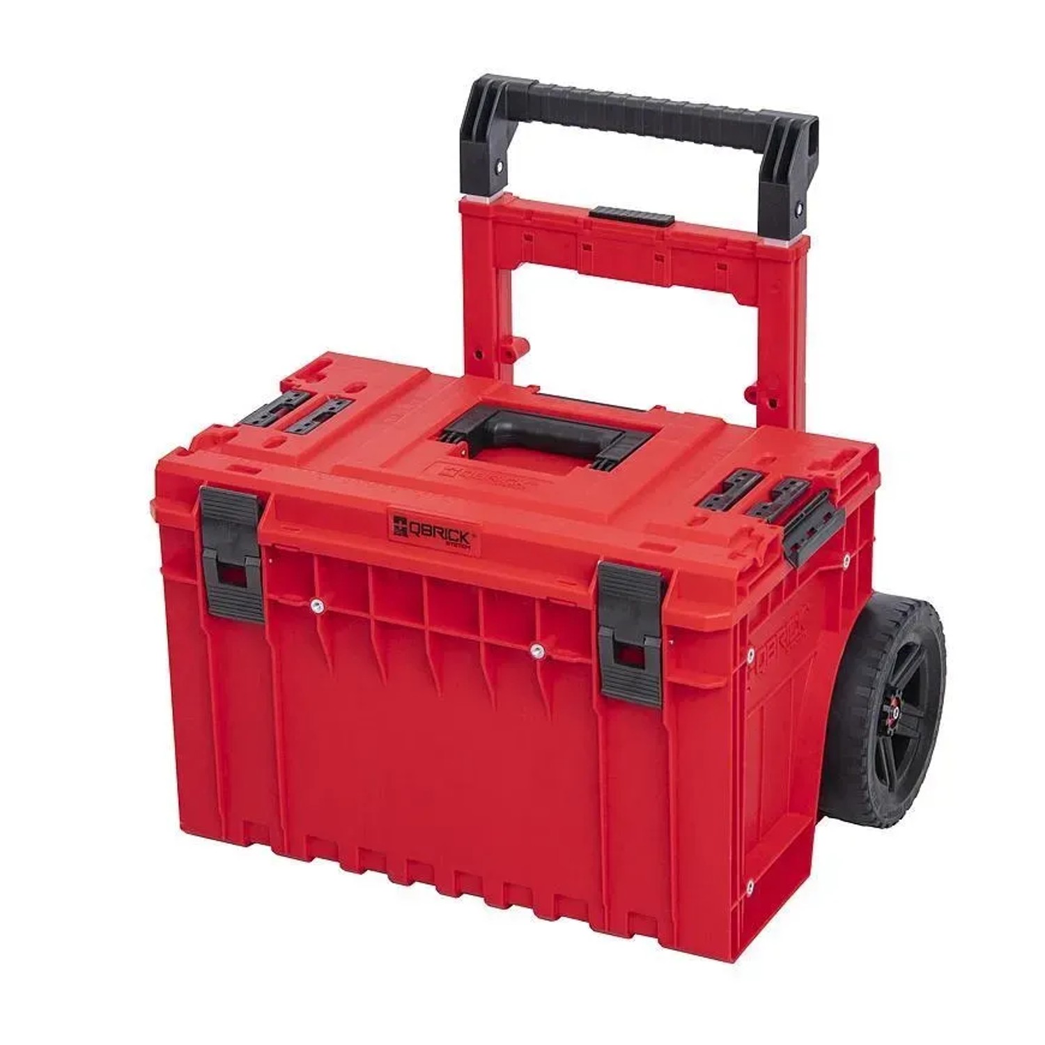 Roter QBRICK Werkzeugtrolley One mit Teleskopgriff und Rädern.